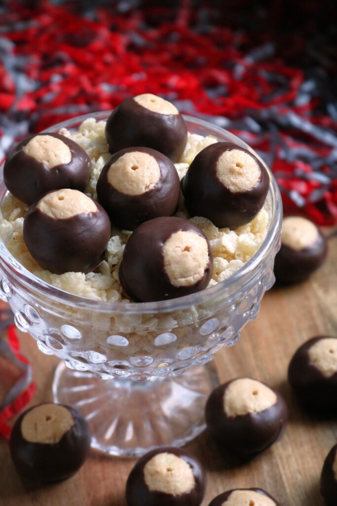 Crunchy Buckeyes made with puffed rice cereal.
