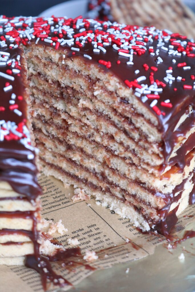 Cross-section of Peanut Butter Smith Island Cake.
