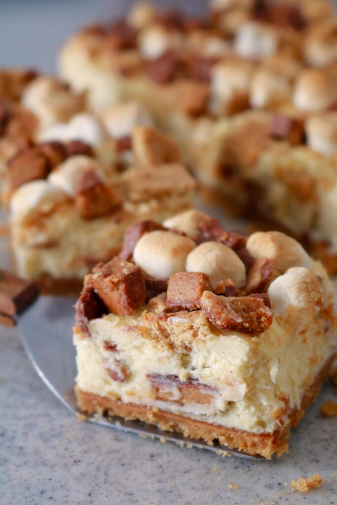 Sliced Peanut Butter S’mores Cheesecake Bars.